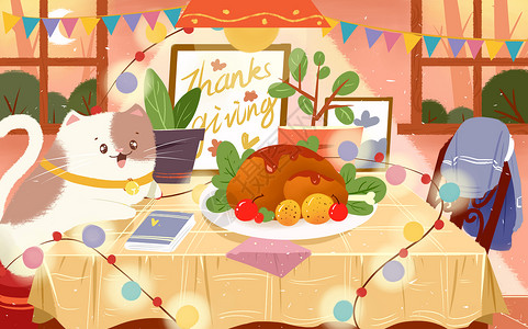 感恩节猫咪餐厅火鸡温馨可爱插画图片
