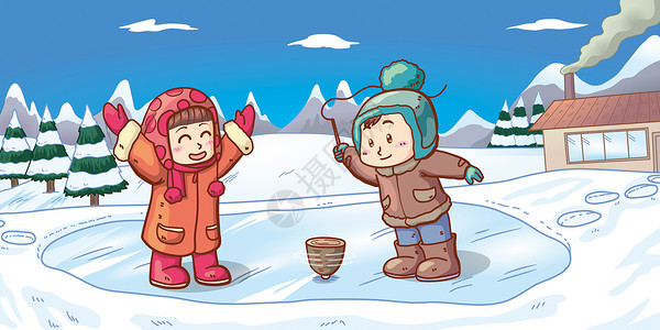 多彩陀螺冬天在冰上打陀螺插画