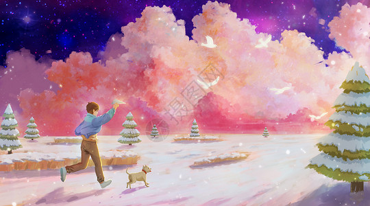 梦幻雪景冬季放飞纸飞机的少年插画