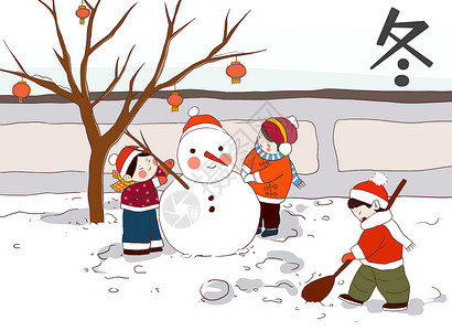 冬季小伙伴堆雪人玩耍图片
