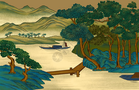 浙江塘栖古镇中国画工笔山水插画