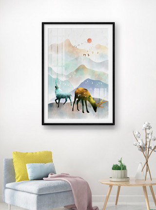 中国风水彩水墨山水国画挂画手绘水彩山水麋鹿装饰画模板
