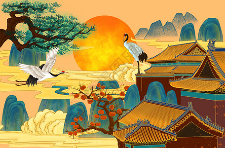 中国传统庭院节日仙境仙鹤背景插画