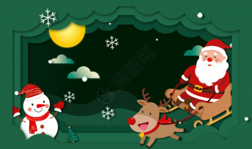 鹿雪橇圣诞节剪纸风GIF高清图片
