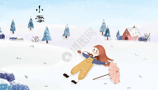 女孩外出游玩躺在雪地里的少女在小雪天外出游玩插画