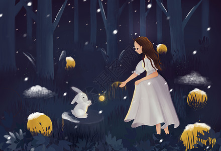 少女和兔子大雪中的相遇插画