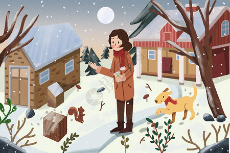 小雪节气雪天女孩带狗狗出门看雪图片
