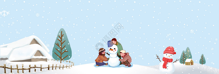 大雪中堆雪人的孩子背景图片
