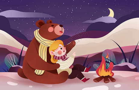 冬季女孩与小熊儿童插画高清图片
