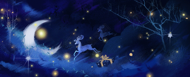 下雪夜景圣诞节麋鹿云层礼物插画gif动图高清图片