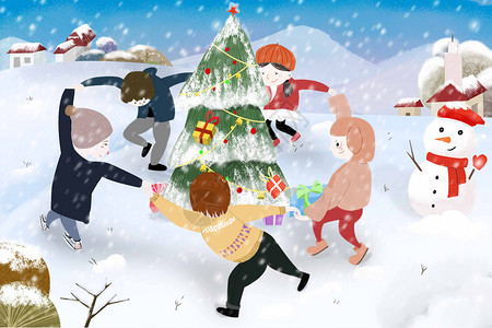 圣诞节小朋友围绕在圣诞树旁欢呼跳舞图片