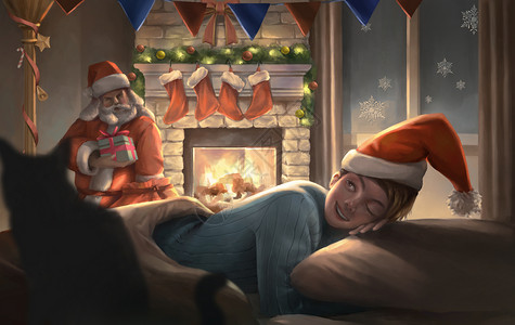 室内氛围圣诞老人偷偷送礼物插画