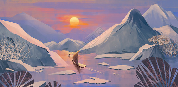 山间黄昏雪景图片