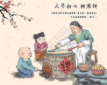韩国泡菜煎饼春节过年大年初七摊煎饼插画