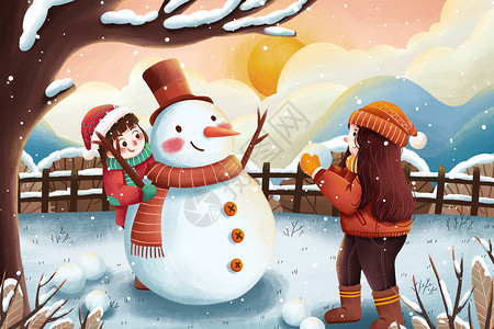 冬季雪地堆雪人打雪仗插画雪景高清图片素材