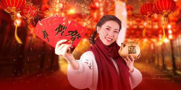 放烟花的女孩新年红包设计图片