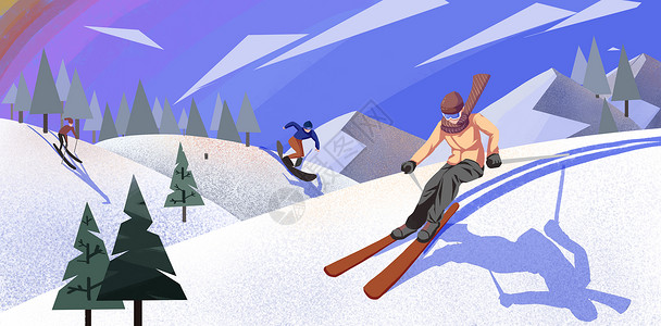 冬季深林雪景冬季滑雪场景插画