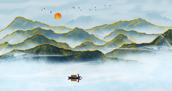 中国风水墨山水背景墙鎏金山水背景设计图片