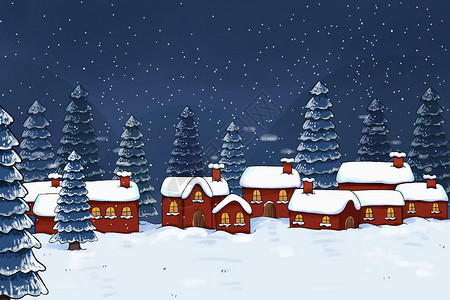 雪天夜景冬天夜晚雪景插画