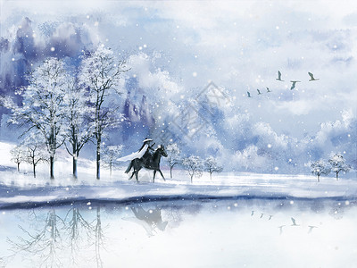 冬天的雪景中国风冬季古风背景插画
