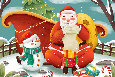 雪橇上礼物圣诞节圣诞老人看清单送礼插画插画