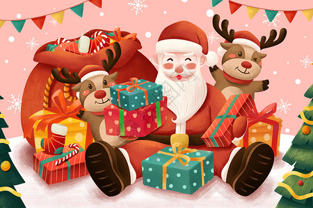 圣诞节圣诞老人麋鹿插画背景图片