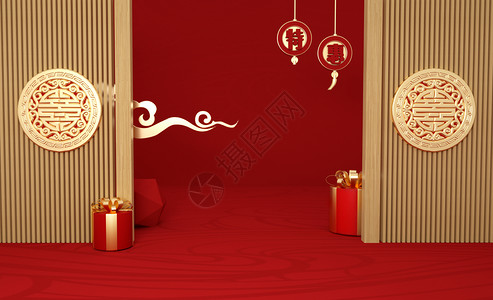 红色拱门C4D喜庆春节背景设计图片