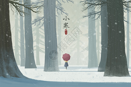 小寒冬季森林雪景插画图片