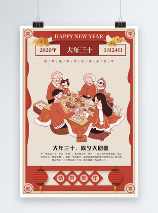 新年之素材红色复古年俗系列海报之除夕模板