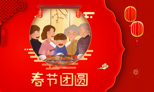 大年初四猪年红色剪纸春节团圆新年祝福海报gif高清图片