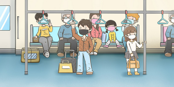 大阪地铁安全出行戴口罩乘坐地铁插画