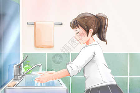重感冒女孩在认真洗手预防病毒细菌插画