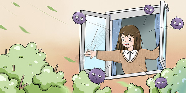 空气清洗剂开窗通风预防新型冠状病毒肺炎插画