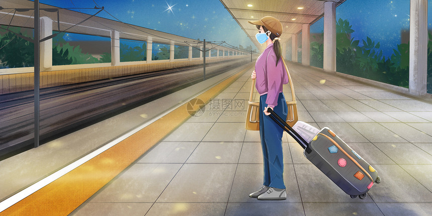 戴着口罩的女孩携带行李出行等火车图片