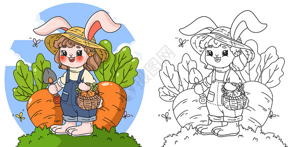 春天拔萝卜的小兔子填色插画高清图片