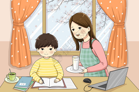 写作业的孩子妈妈陪孩子在家上网课插画