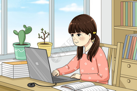 女孩在家网上学习办公书柜高清图片素材