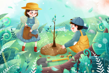 小男孩小女孩清新植树节孩子们种树春季环保插画插画