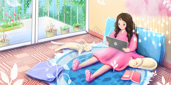 自然放松春天女孩宅家里放松玩平板电脑手机插画