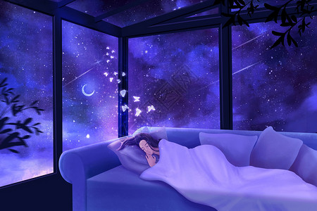 唯美睡梦女孩的梦幻之夜蓝紫色高清图片素材
