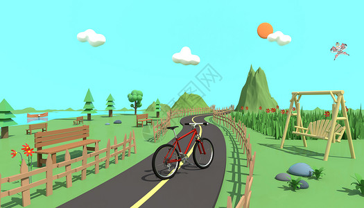 公路自行车3D春天郊游场景设计图片