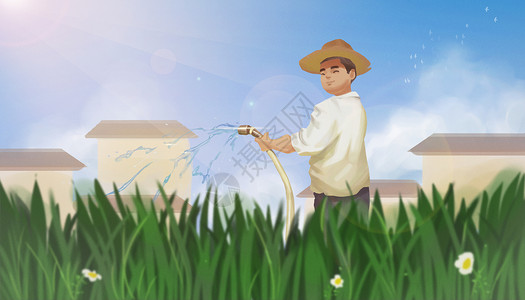 耕种季节农作物灌溉插画
