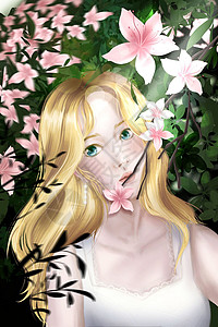 外国人化妆春季桃花林间的金发女孩插画