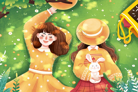 24节气系列清新春季躺草地上女孩踏春插画插画