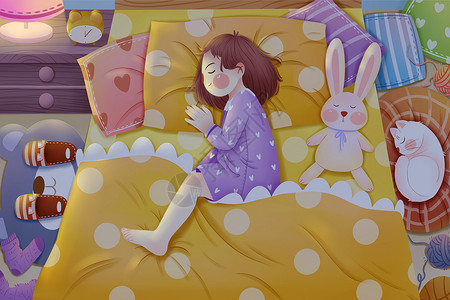 小孩床上世界睡眠日小女孩手绘插画插画