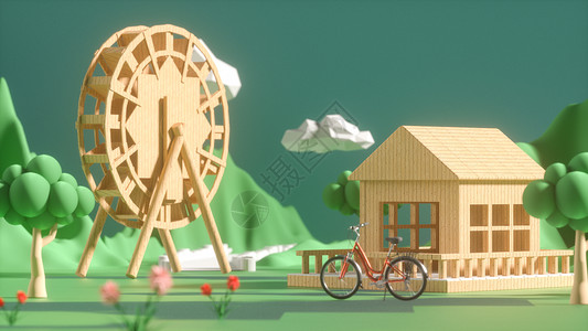 马车车轮3D春天场景设计图片