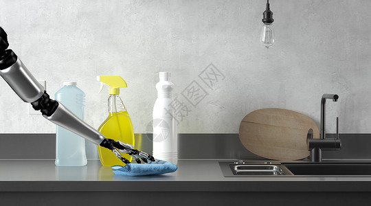 打扫厨房卫生的妇女人工智能消毒场景设计图片