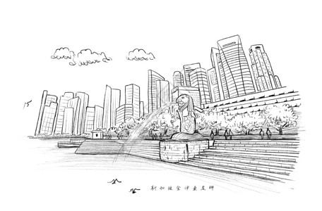 新加坡签证新加坡金沙鱼尾狮风景速写插画