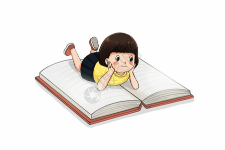 中国读书趴着看书的小女孩GIF高清图片