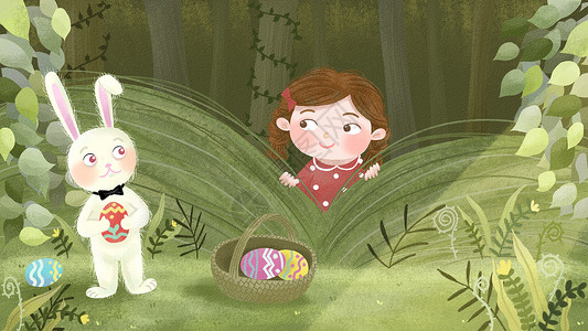 复活节绿色森林里小女孩发现兔子藏复活蛋高清图片